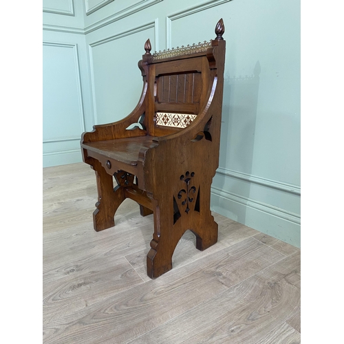 457 - Arts and Crafts ecclesiastical oak side chair with brass gallery and inset tiled panel {90 cm H x 50... 