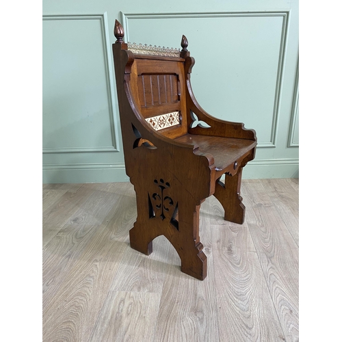 457 - Arts and Crafts ecclesiastical oak side chair with brass gallery and inset tiled panel {90 cm H x 50... 