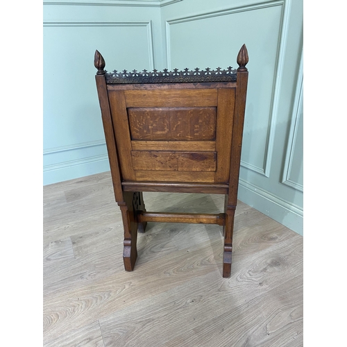 457 - Arts and Crafts ecclesiastical oak side chair with brass gallery and inset tiled panel {90 cm H x 50... 