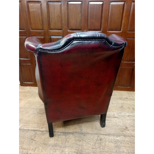 466 - Deep buttoned leather wingback fireside chair raised on Queen Ann legs {H 112cm x W 90cm x D 90cm } ... 