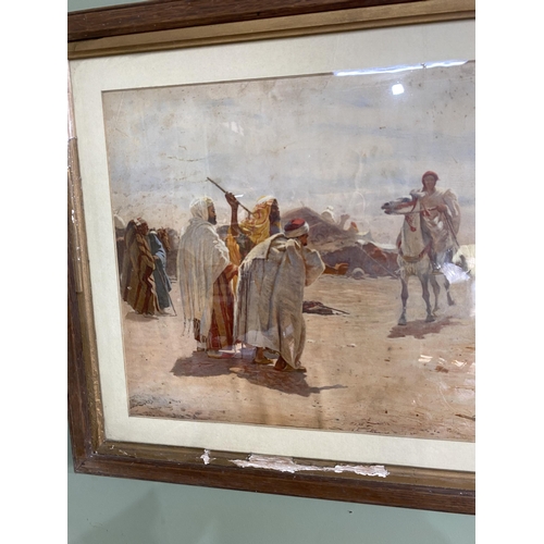 469 - 19th C. Arabian scene coloured print mounted in gilt and oak frame {48 cm H x 64 cm W}.