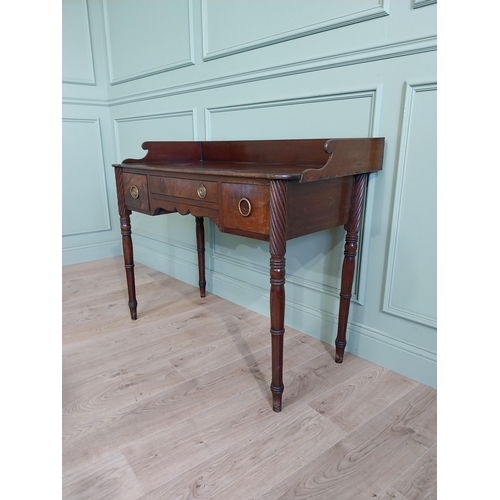 490 - 19th C. mahogany sideboard with gallery back raised on turned legs { cm H x 114 cm W x 59 cm D}.