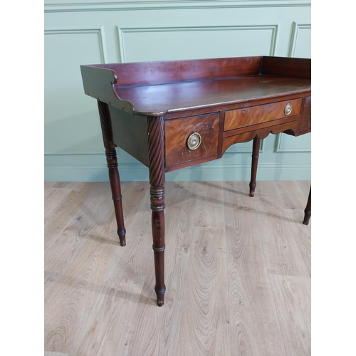 490 - 19th C. mahogany sideboard with gallery back raised on turned legs { cm H x 114 cm W x 59 cm D}.