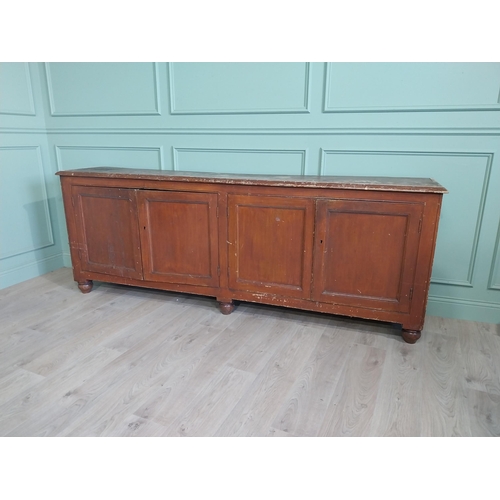 51 - 19th C. Irish painted pine side cabinet with four doors raised on bun feet {91 cm H x 247 cm W x 48 ... 