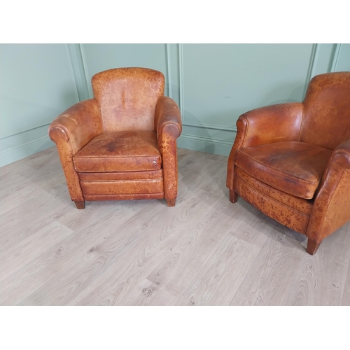 512 - Pair of his and hers French hand dyed leather upholstered tub chairs raised on square tapered legs {... 