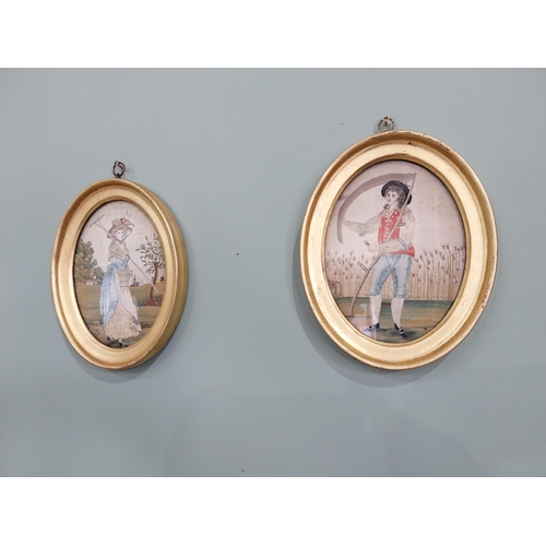 516 - Pair of 19th C. silk embroidered panels depicting lady and gentleman in giltwood frames {25 cm H x 2... 