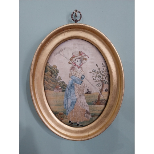 516 - Pair of 19th C. silk embroidered panels depicting lady and gentleman in giltwood frames {25 cm H x 2... 