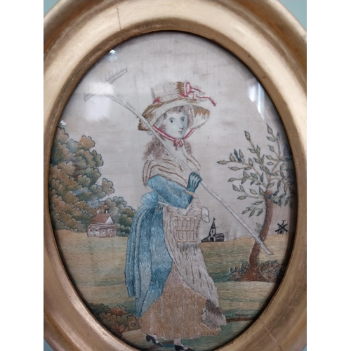 516 - Pair of 19th C. silk embroidered panels depicting lady and gentleman in giltwood frames {25 cm H x 2... 