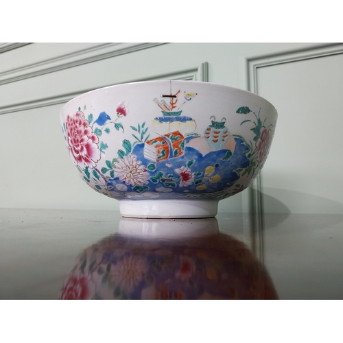 519 - 19th C. Oriental hand painted ceramic bowl with some old repairs {13 cm H x 29 cm Dia.}.