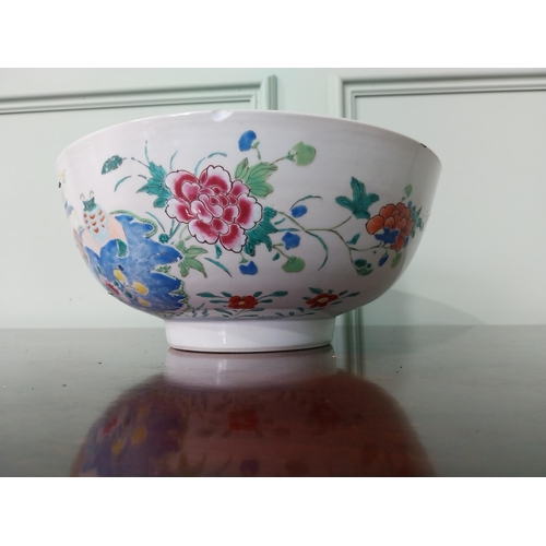 519 - 19th C. Oriental hand painted ceramic bowl with some old repairs {13 cm H x 29 cm Dia.}.