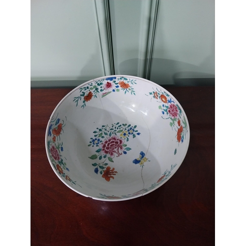 519 - 19th C. Oriental hand painted ceramic bowl with some old repairs {13 cm H x 29 cm Dia.}.