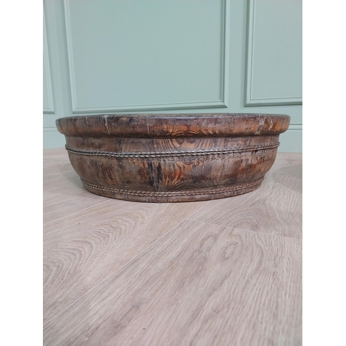 521 - Two wooden and metal bound bowls {16 cm H x 65 cm Dia. AND 16 cm H x 59 cm Dia.}.