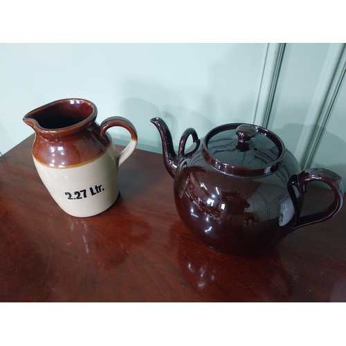 528 - Two vintage ceramic water jugs and ceramic lidded teapot {22 cm H x 22 cm W x 16 cm D, 18 cm H x 20 ... 