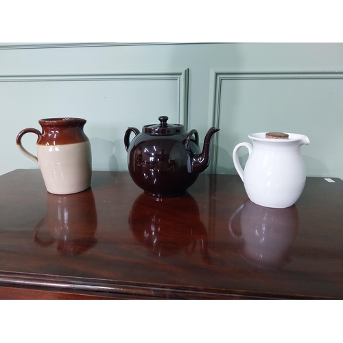 528 - Two vintage ceramic water jugs and ceramic lidded teapot {22 cm H x 22 cm W x 16 cm D, 18 cm H x 20 ... 