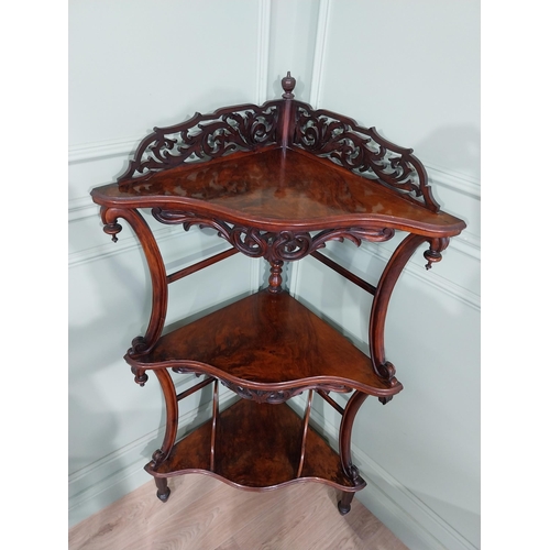 529 - Good quality Victorian walnut corner whatnot with gallery back, serpentine front and three tiers rai... 