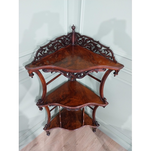 529 - Good quality Victorian walnut corner whatnot with gallery back, serpentine front and three tiers rai... 