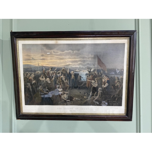 53 - 19th C. 'The Relief of Derry 1989' coloured print mounted in rosewood frame {67 cm H x 91 cm W}.