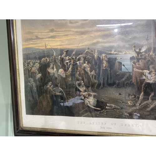 53 - 19th C. 'The Relief of Derry 1989' coloured print mounted in rosewood frame {67 cm H x 91 cm W}.