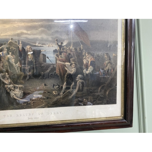 53 - 19th C. 'The Relief of Derry 1989' coloured print mounted in rosewood frame {67 cm H x 91 cm W}.