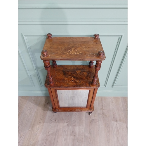 533 - Victorian burr walnut and satinwood inlaid music cabinet raised on turned column above single mirror... 