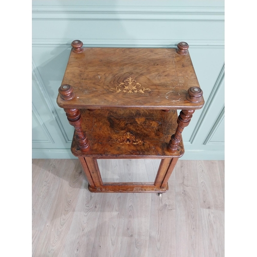 533 - Victorian burr walnut and satinwood inlaid music cabinet raised on turned column above single mirror... 