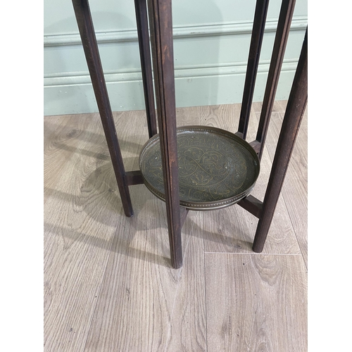 536 - Early 20th C. Middle Eastern oak coffee table with embossed brass top {52 cm H x 34 cm Dia.}.