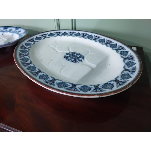 548 - Two 19th C. hand painted blue and white ceramic turkey platters with gravy dish {43 cm W x 55 cm D A... 