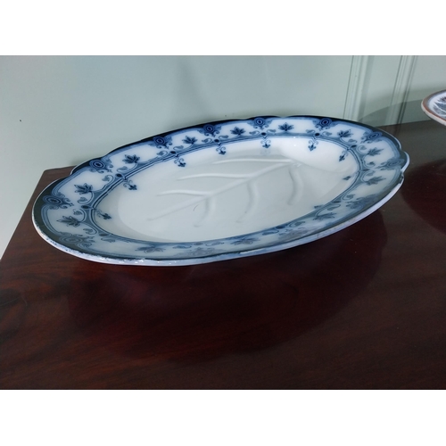 548 - Two 19th C. hand painted blue and white ceramic turkey platters with gravy dish {43 cm W x 55 cm D A... 