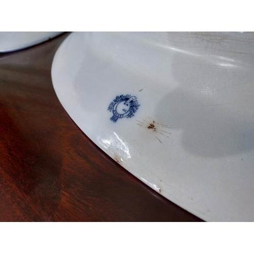 548 - Two 19th C. hand painted blue and white ceramic turkey platters with gravy dish {43 cm W x 55 cm D A... 