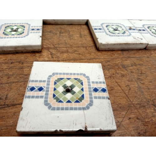 55 - Collection of one hundred and fourty three 19th C French ceramic tiles featuring a green and blue ge... 