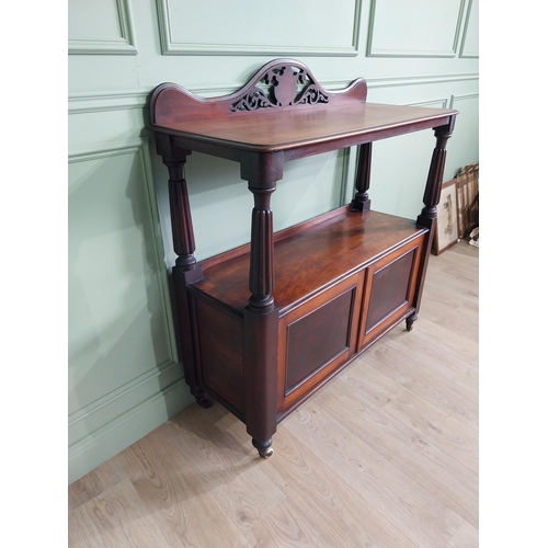 551 - Victorian mahogany dumbwaiter on reeded columns above two doors raised on turned legs {127 cm H x 12... 