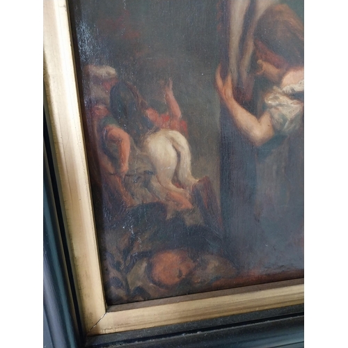 560 - Late 18th C. to early 19th  C. The Crucifixion oil on canvas mounted on ebonised frame {96 cm H x 73... 