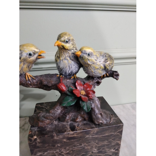 567 - Painted bronze figural group of Birds mounted on marble base signed Milo {20 cm H x 20 cm W x 9 cm D... 