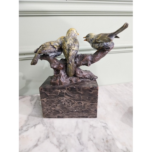 567 - Painted bronze figural group of Birds mounted on marble base signed Milo {20 cm H x 20 cm W x 9 cm D... 