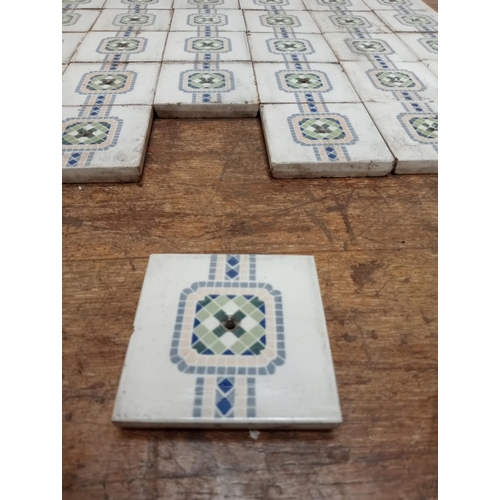 57 - Set of one hundred and sixty seven 19th C French ceramic tiles featuring geometric designs in blue, ... 