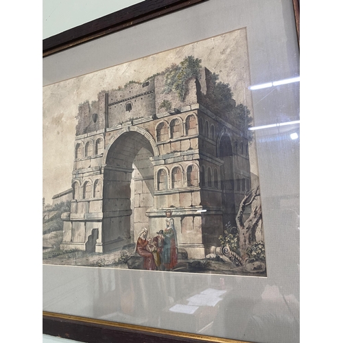 572 - 19th C. Roman scene watercolour mounted in oak frame {55 cm H x 68 cm W}.