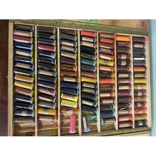 576 - Early 20th C. cased set of coloured pigments {35 cm H x 27 cm W x 4 cm D}.