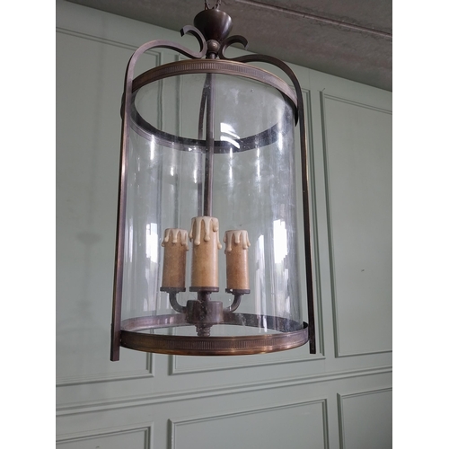 590 - Edwardian French brass and glass hall lantern {63 cm H x 21 cm Dia.}.