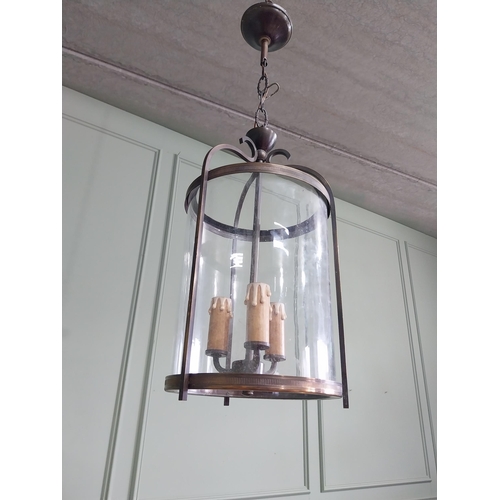 590 - Edwardian French brass and glass hall lantern {63 cm H x 21 cm Dia.}.