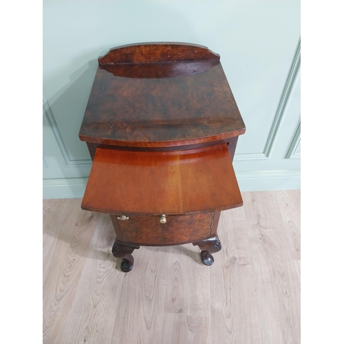 593 - Edwardian burr walnut bedside cabinet with single drawer and brushing slide raised on cabriole legs ... 