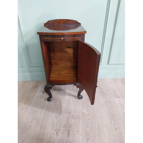 593 - Edwardian burr walnut bedside cabinet with single drawer and brushing slide raised on cabriole legs ... 