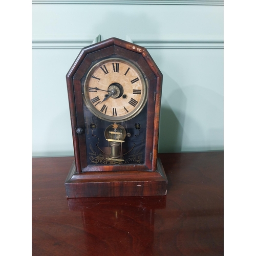 595 - 19th C. rosewood veneered mantle clock with painted brass dial {36 cm H x 25 cm W x 11 cm D}.