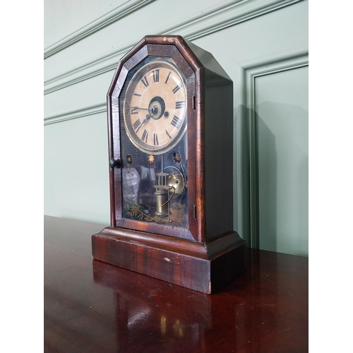 595 - 19th C. rosewood veneered mantle clock with painted brass dial {36 cm H x 25 cm W x 11 cm D}.