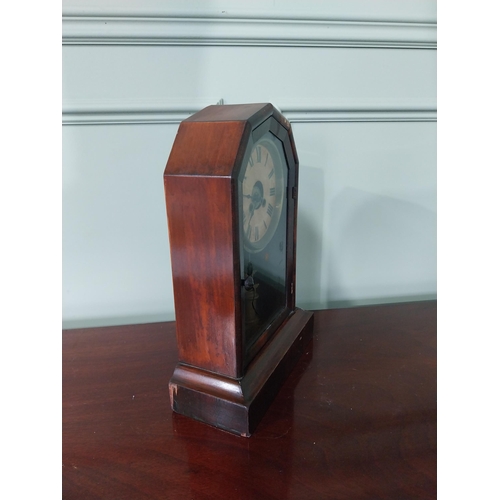 595 - 19th C. rosewood veneered mantle clock with painted brass dial {36 cm H x 25 cm W x 11 cm D}.