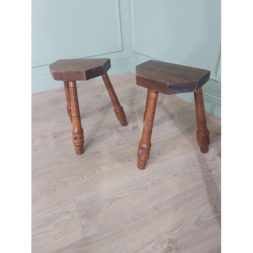 597 - Set of four early 20th C. oak stools raised on turned splayed legs {45 cm H x 41 cm W x 30 cm D}.