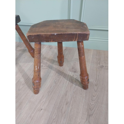 597 - Set of four early 20th C. oak stools raised on turned splayed legs {45 cm H x 41 cm W x 30 cm D}.