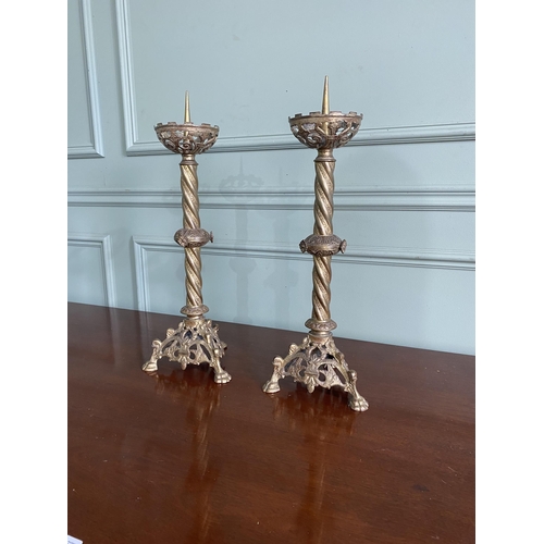 599 - Pair 19th C. gilded brass ecclesiastical candle sticks {51 cm H x 18 cm Dia.}.