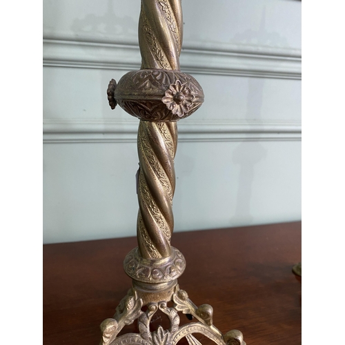 599 - Pair 19th C. gilded brass ecclesiastical candle sticks {51 cm H x 18 cm Dia.}.