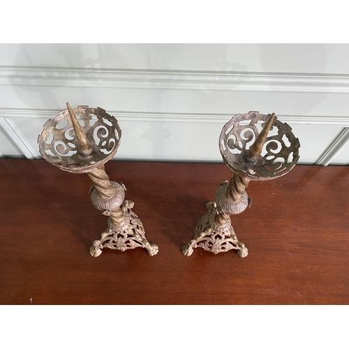 599 - Pair 19th C. gilded brass ecclesiastical candle sticks {51 cm H x 18 cm Dia.}.