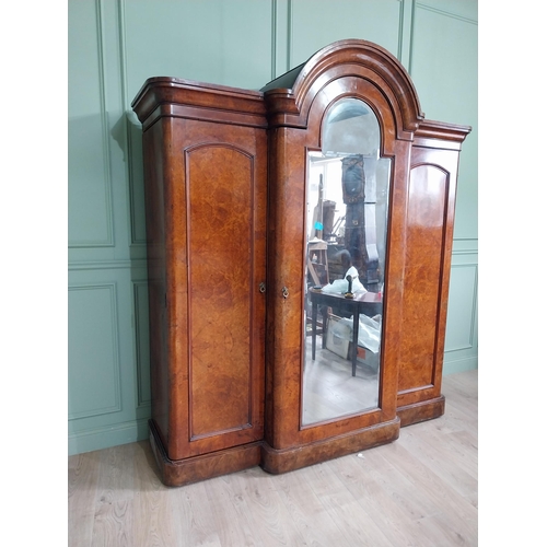 600 - Good quality burr walnut breakfront arch top wardrobe with one mirrored door flanked by two blind do... 